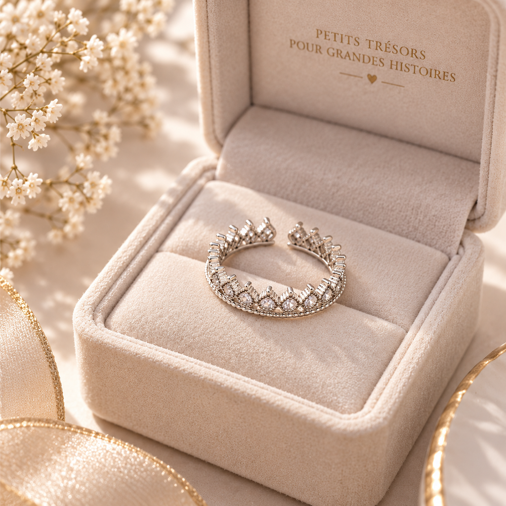 Bague couronne argentée présentée dans un écrin de mise en scène