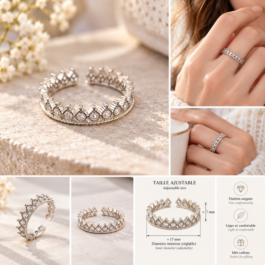 Bague couronne ajustable : vues portée et de détail, diamètre intérieur indicatif de 17 mm et hauteur de 7 mm