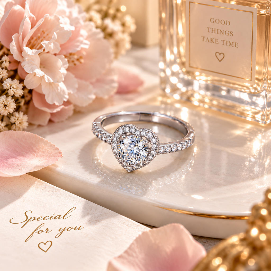 Bague cœur argentée avec oxyde de zirconium sur plateau nacré, fleurs roses et parfum, photo carrée