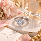 Bague cœur argentée avec oxyde de zirconium sur plateau nacré, fleurs roses et parfum, photo carrée