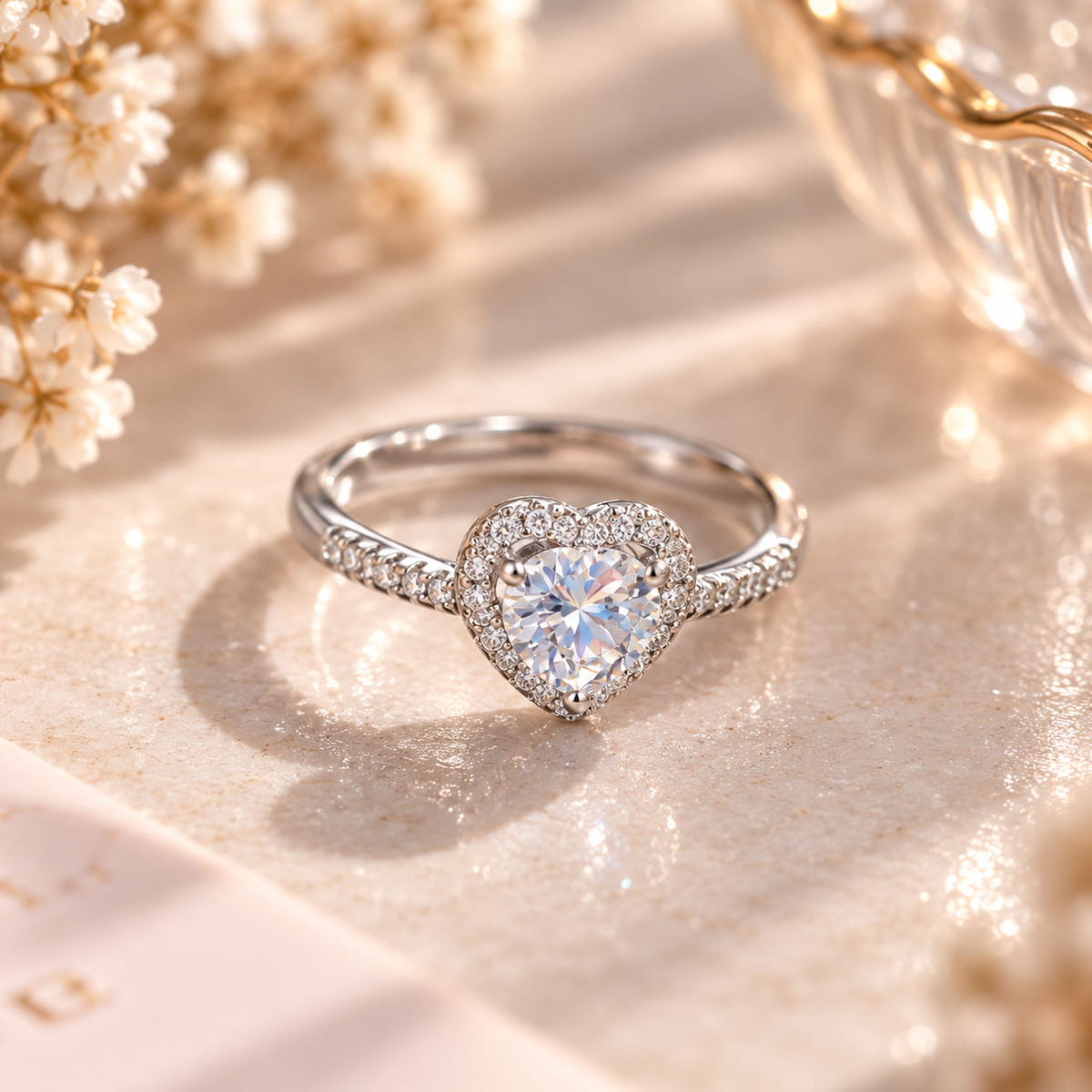 Bague cœur argentée ajustable avec oxyde de zirconium et halo scintillant, vue de face