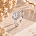 Bague cœur argentée dressée, détail du halo et des oxydes de zirconium