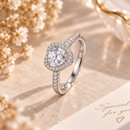Bague cœur argentée dressée, détail du halo et des oxydes de zirconium