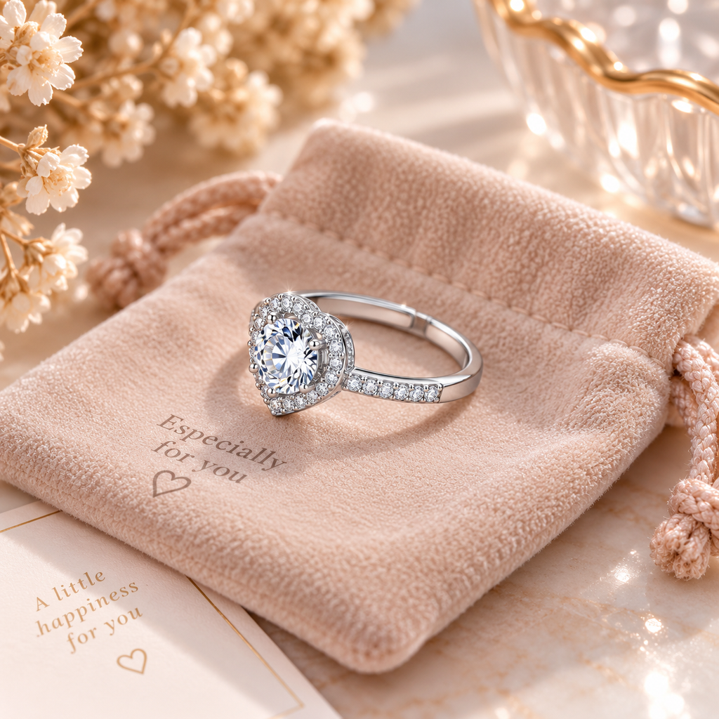 Bague cœur argentée ajustable sur un pochon en velours rose, vue de trois quarts