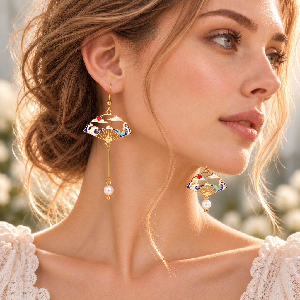 Modèle asymétrique de boucles éventail à vagues bleues porté
