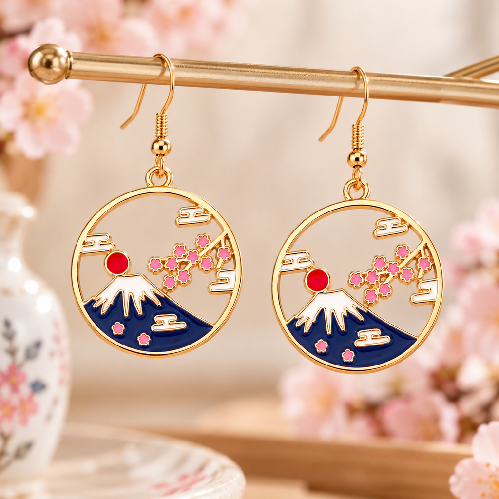 Paire de boucles d’oreilles rondes dorées avec mont Fuji bleu, soleil rouge et fleurs de cerisier roses