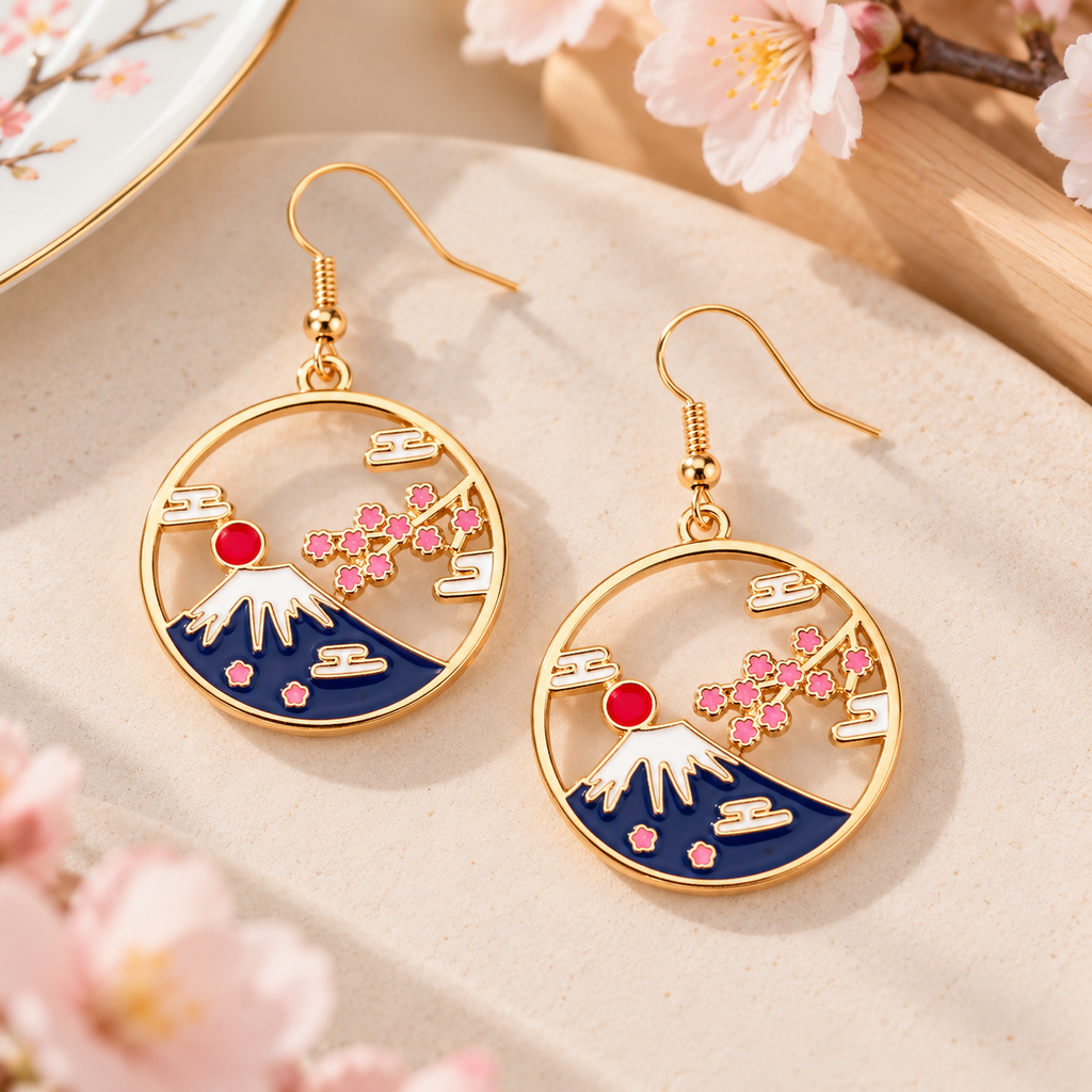 Détails du mont Fuji, des nuages blancs et des fleurs roses sur les boucles rondes dorées
