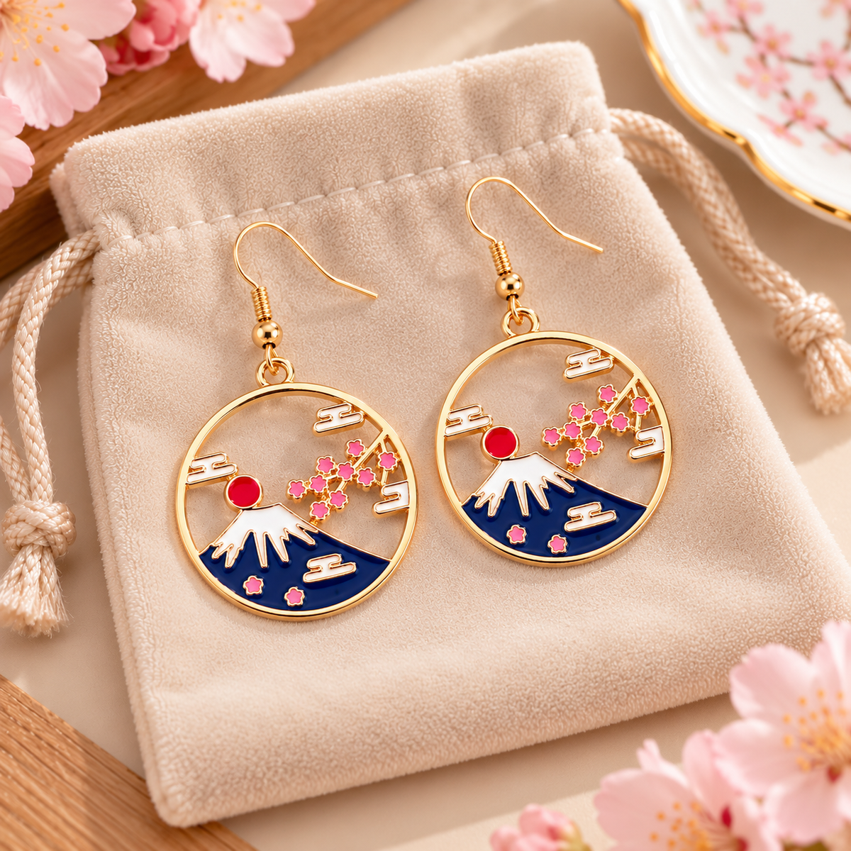 Boucles d’oreilles Mont Fuji et Sakura présentées sur une pochette en velours