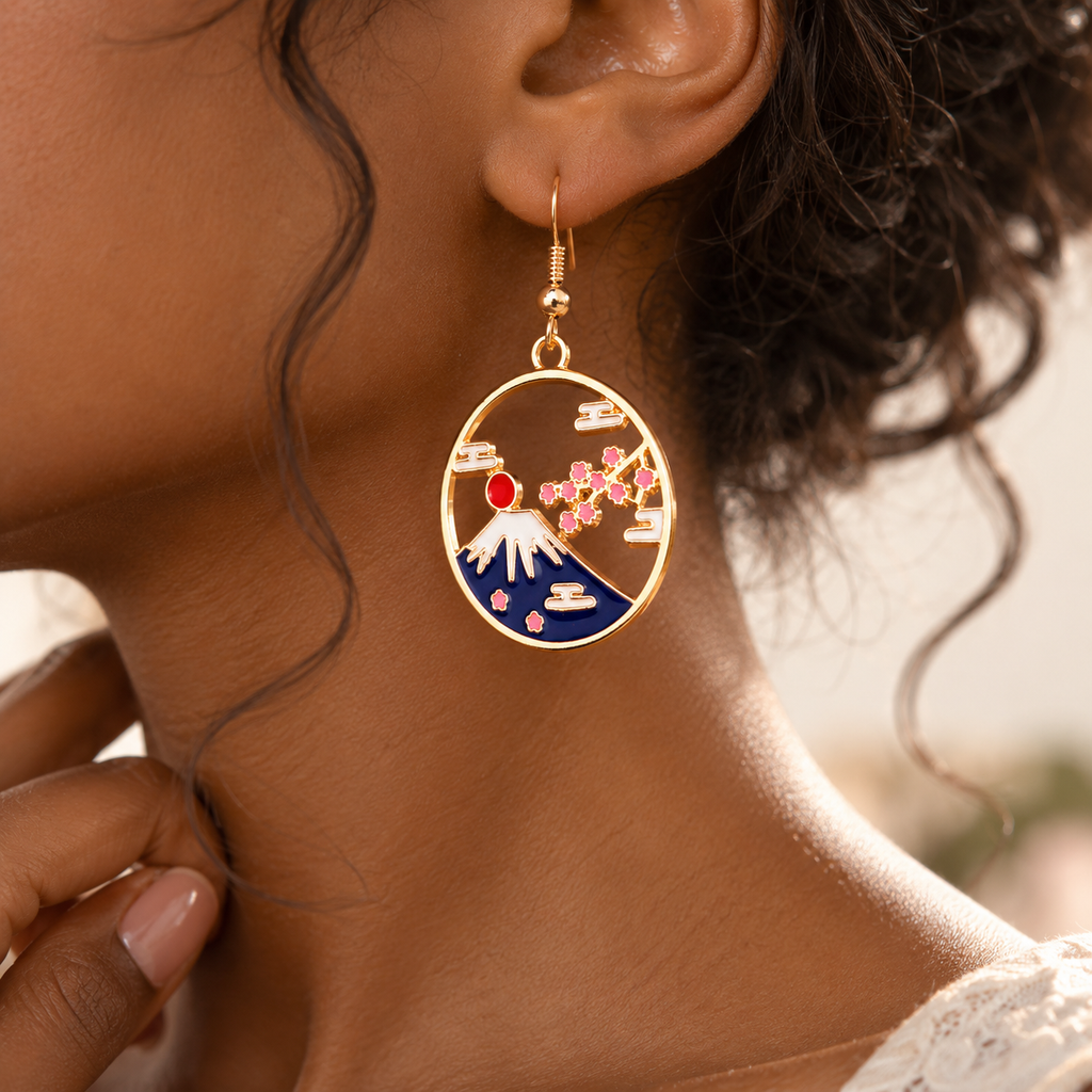 Boucle d’oreille Mont Fuji et Sakura portée de profil