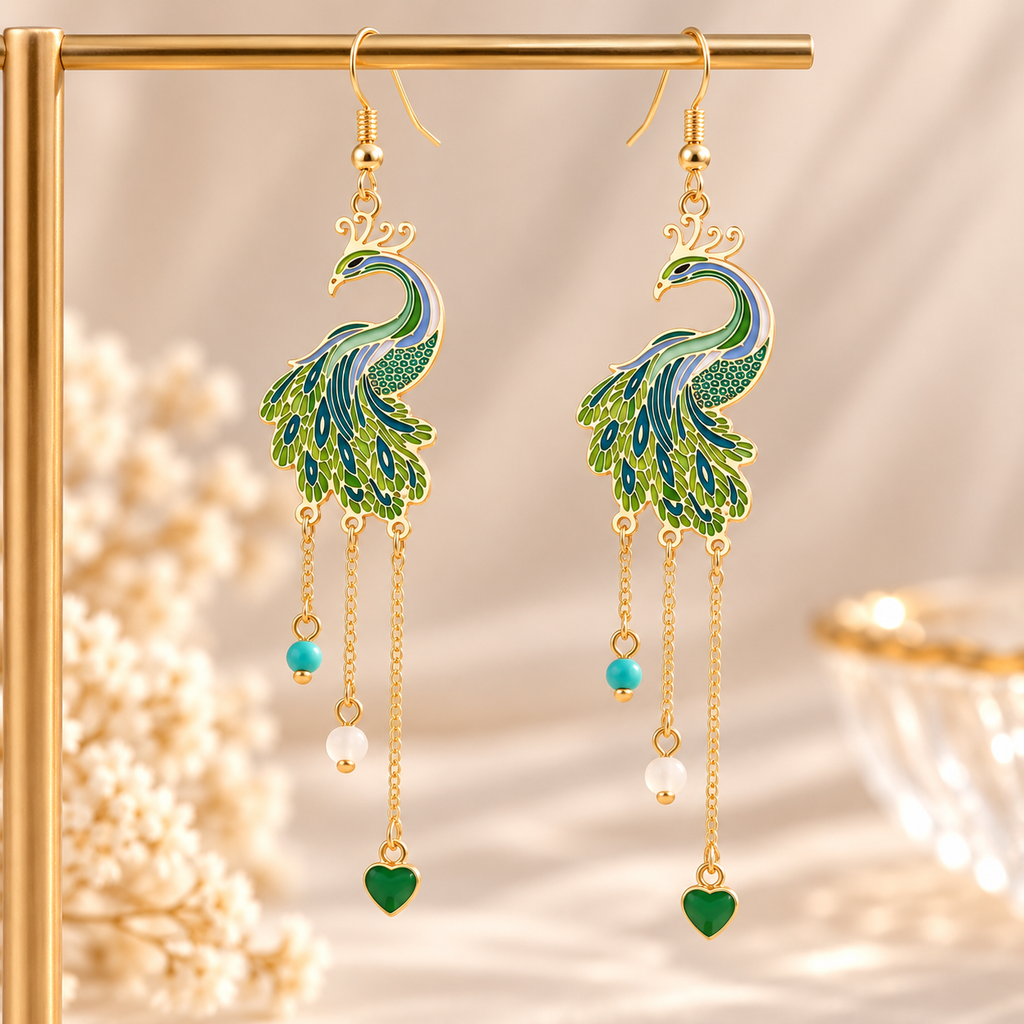 Paire de boucles d’oreilles paon vert et bleu, finition dorée, chaînettes et cœurs verts