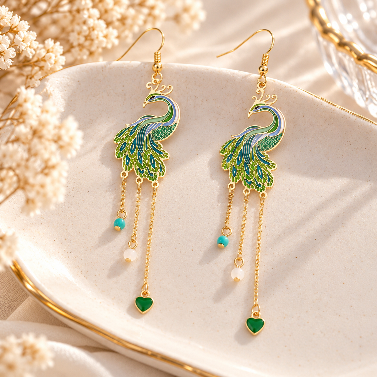 Détails des paons verts et bleus, des perles décoratives et des pendentifs cœur