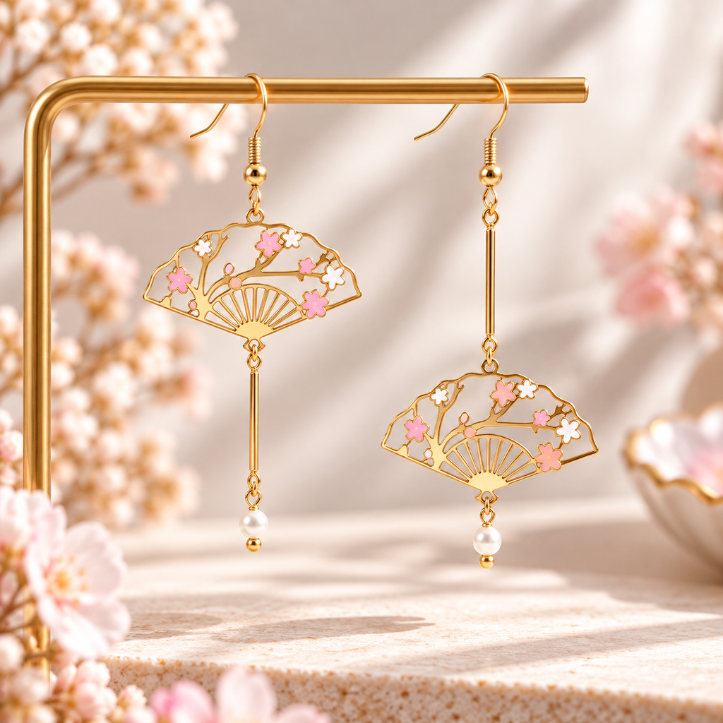 Paire de boucles d’oreilles asymétriques à éventails dorés, fleurs roses et blanches et perles décoratives