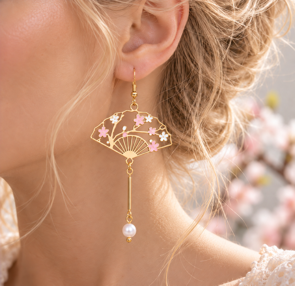 Boucle d’oreille portée avec tige dorée sous l’éventail floral