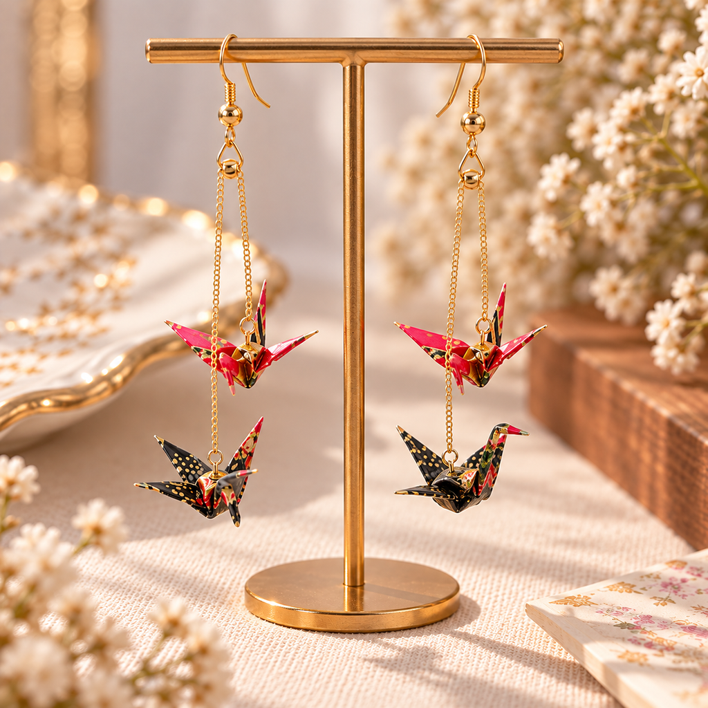 Paire de boucles d’oreilles doubles grues origami rouges et noires sur chaînettes dorées