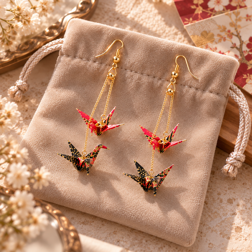 Paire de boucles d’oreilles doubles grues origami sur une pochette en velours
