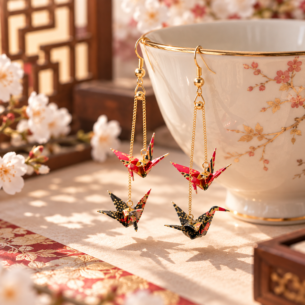 Boucles d’oreilles grues origami rouges et noires présentées devant une tasse fleurie