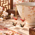 Boucles d’oreilles grues origami rouges et noires présentées devant une tasse fleurie