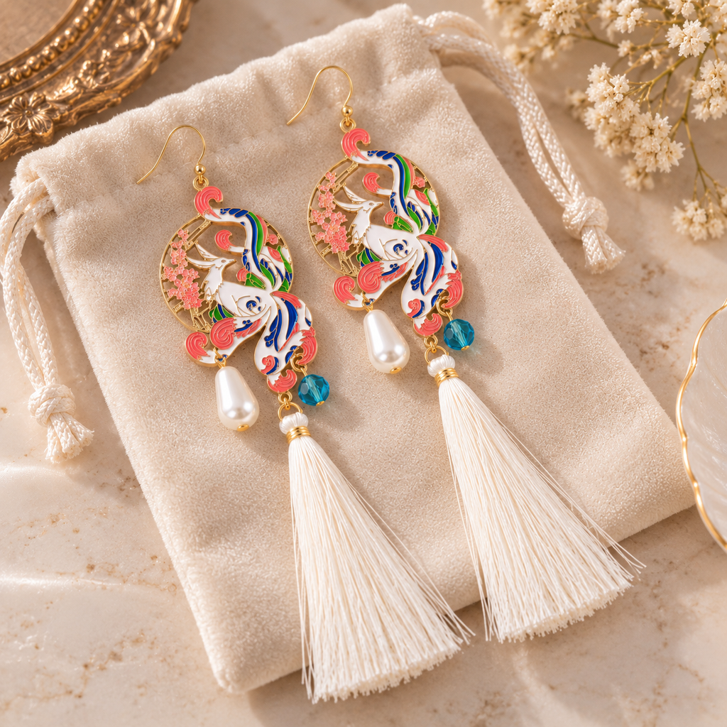 Paire de boucles d’oreilles phénix multicolores sur une pochette en velours