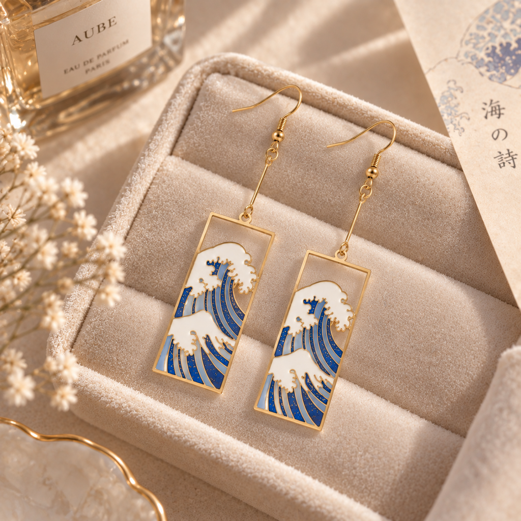Boucles d’oreilles pendantes inspiration Grande Vague, bleu blanc et doré
