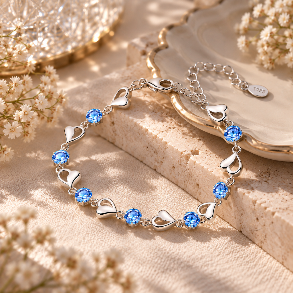 Détail du bracelet à cœurs ajourés argentés alternant avec des pierres bleues facettées