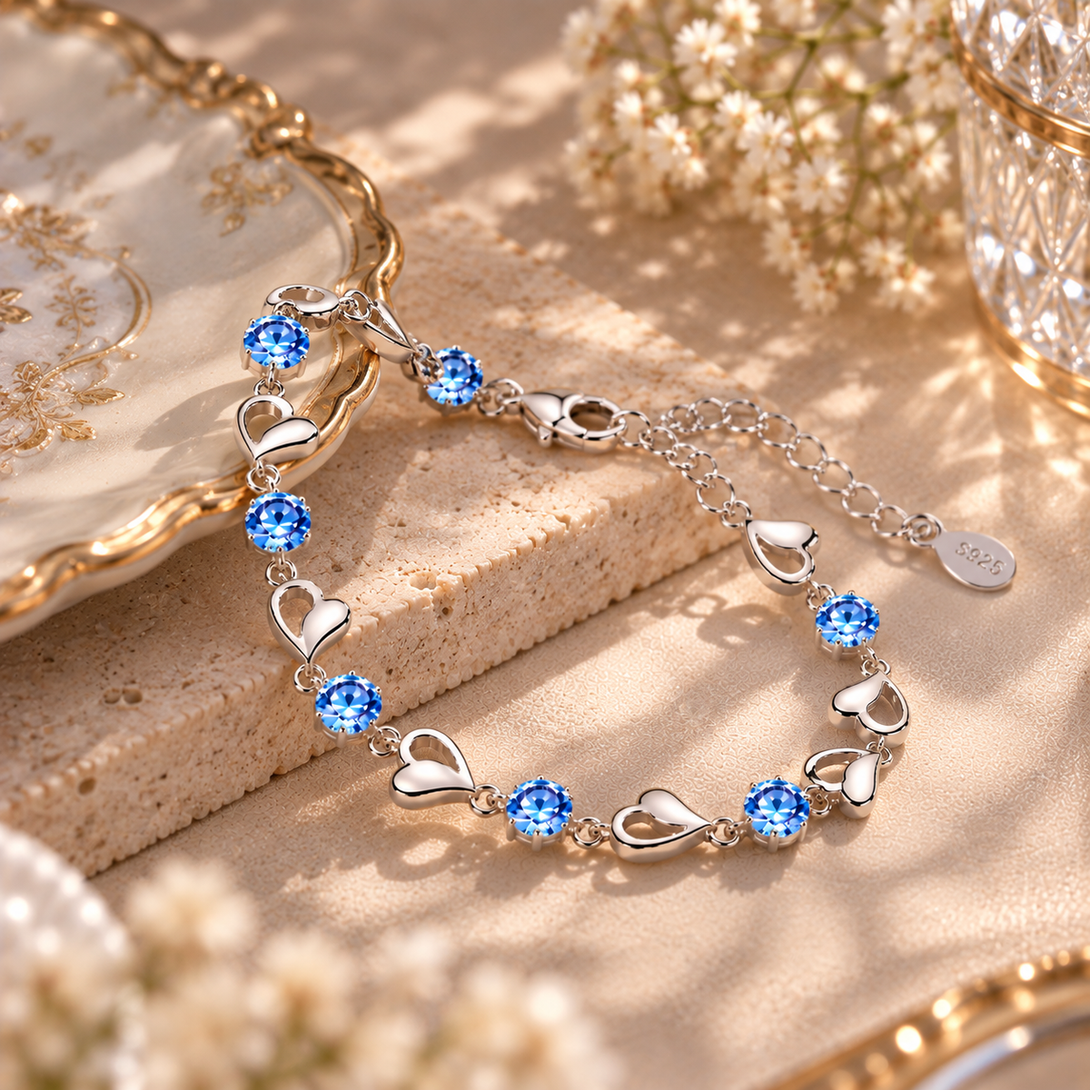 Vue du bracelet argenté à cœurs et pierres bleues avec son fermoir mousqueton