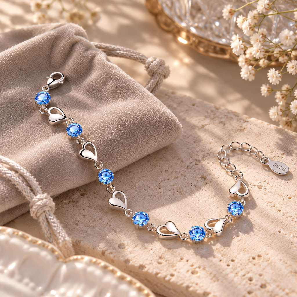 Bracelet ouvert montrant les cœurs, pierres bleues, fermoir et chaîne de rallonge