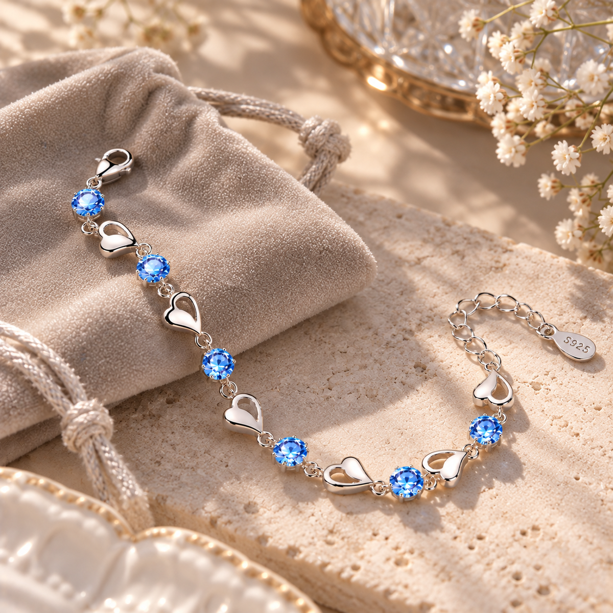 Bracelet ouvert montrant les cœurs, pierres bleues, fermoir et chaîne de rallonge