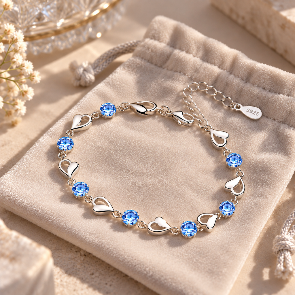 Bracelet argenté à cœurs et pierres bleues présenté sur une pochette en velours
