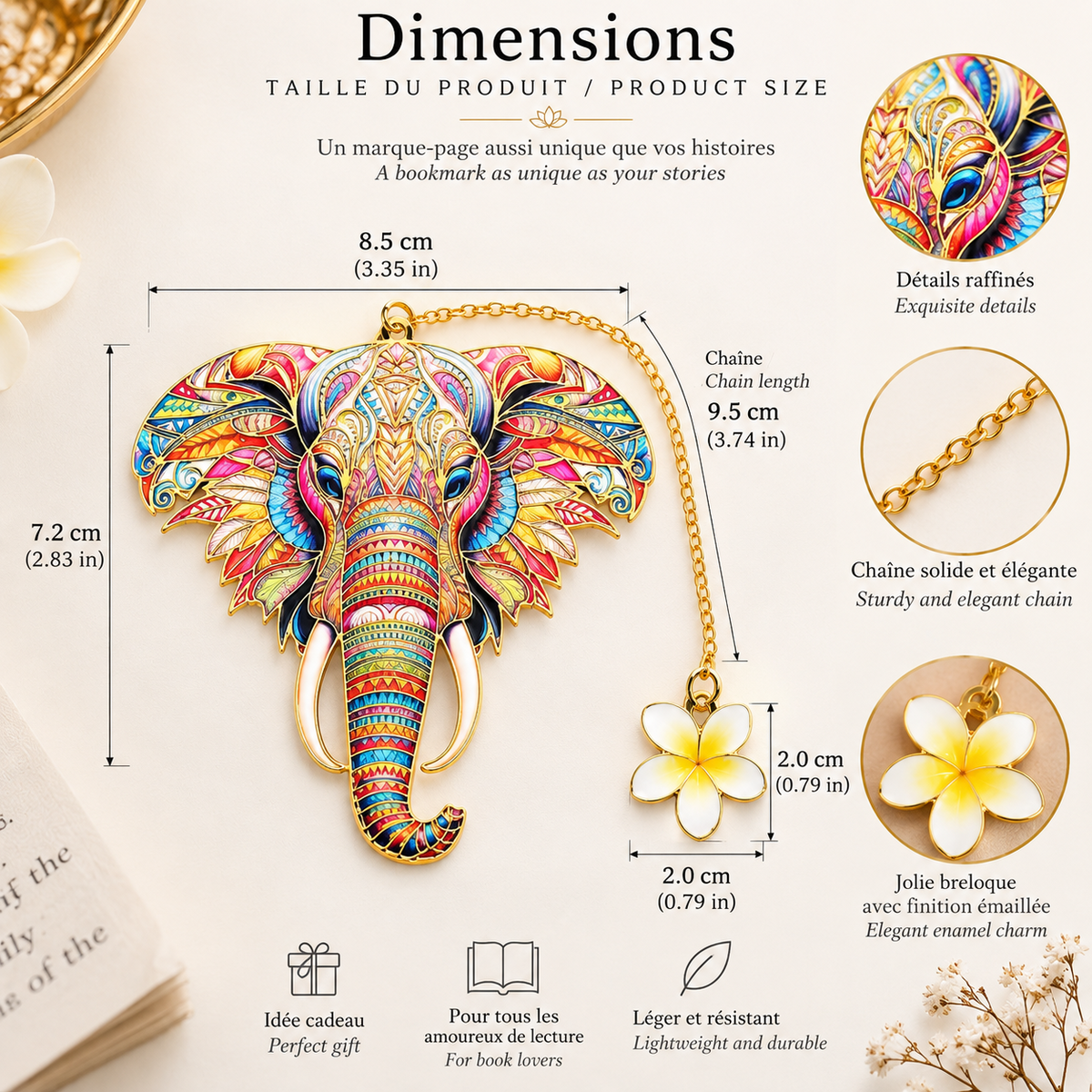Dimensions du marque-page éléphant : 8,5 × 7,2 cm, chaîne 9,5 cm et fleur 2 cm
