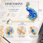 Marque-page paon bleu en laiton doré avec dimensions détaillées en français