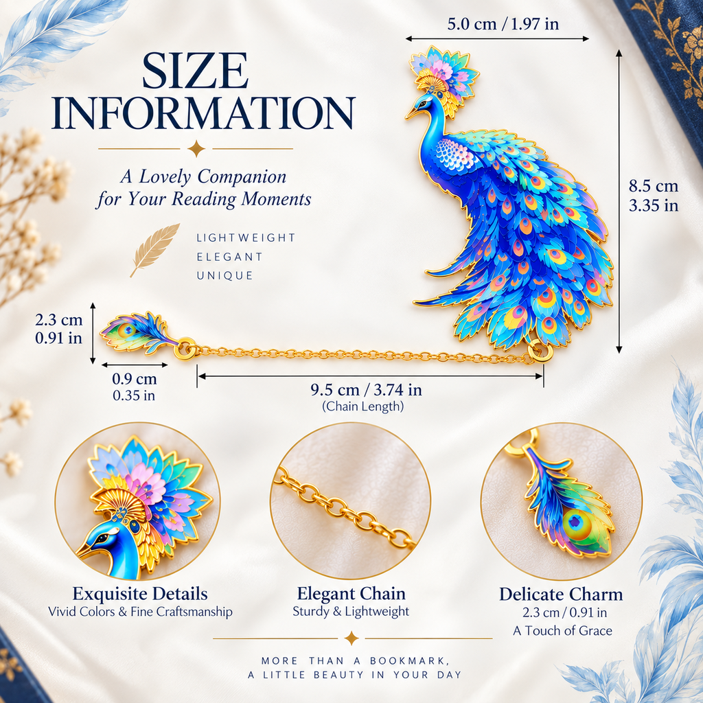 Dimensions du marque-page paon bleu : paon 8,5 cm, chaîne 9,5 cm et breloque plume 2,3 cm