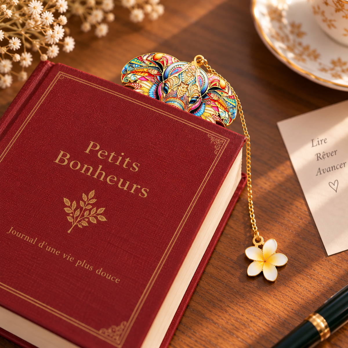 Marque-page éléphant multicolore glissé dans un livre rouge avec chaînette dorée et breloque fleur