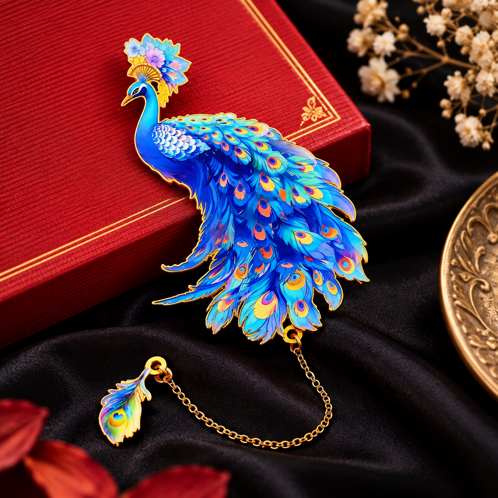 Marque-page paon bleu fleuri en laiton finition dorée avec chaînette et breloque plume