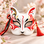 Masque kitsune blanc à motifs rouges, noirs et dorés avec pompon rouge