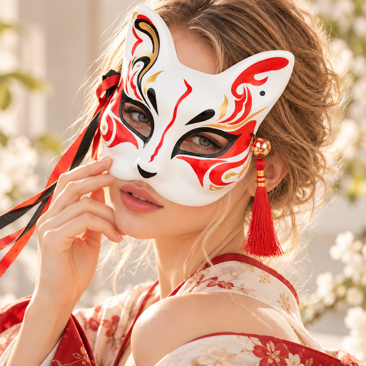 Masque kitsune blanc aux arabesques rouges, noires et dorées porté de face