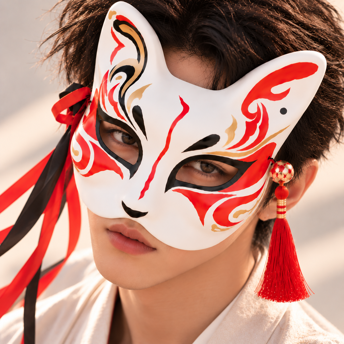Masque de renard kitsune blanc, rouge et noir porté avec rubans et pompon rouge