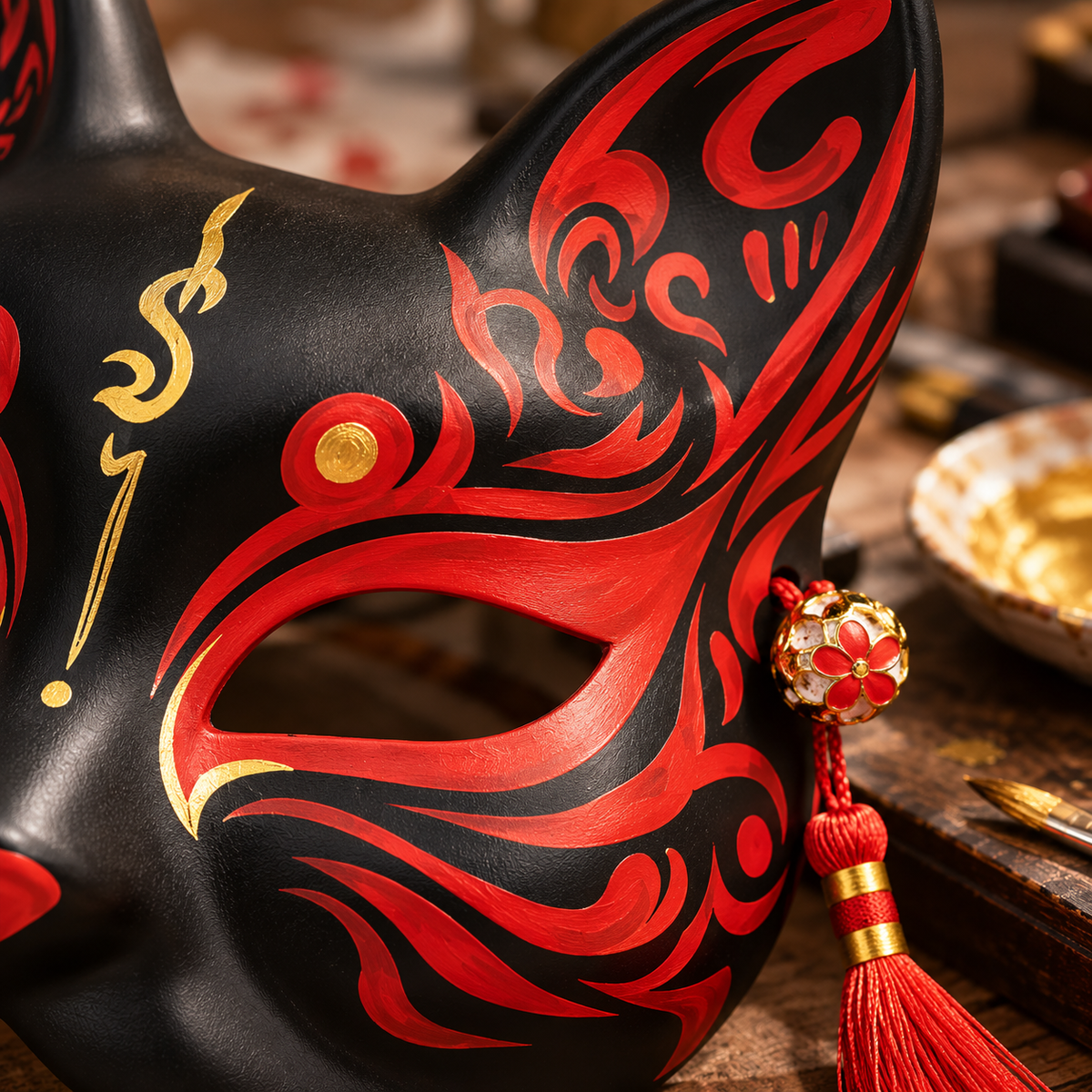 Détail des arabesques rouges et du motif doré sur le masque kitsune noir