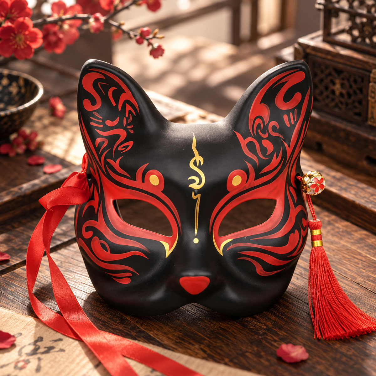 Masque kitsune noir à arabesques rouges et motif doré sur le front avec pompon rouge