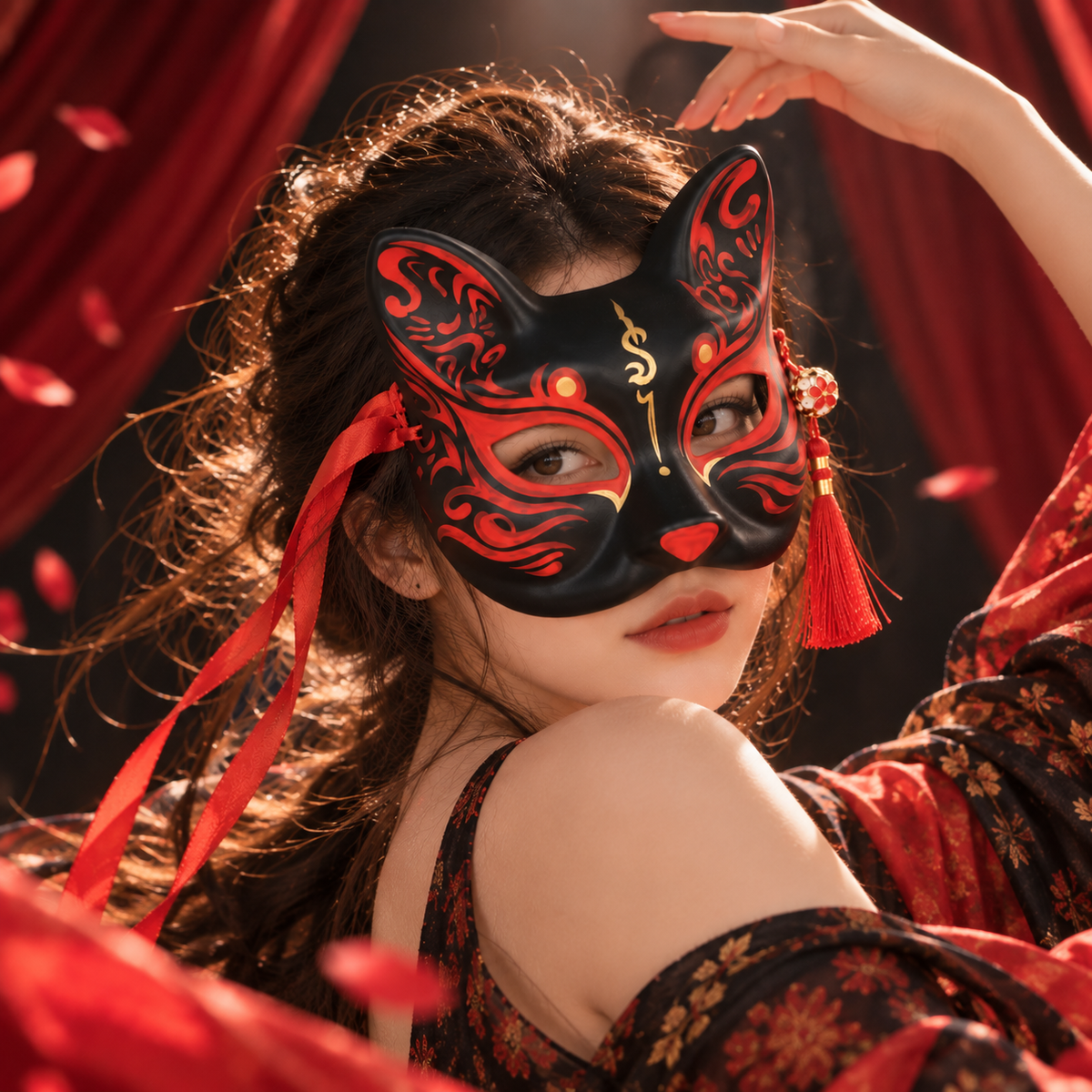 Masque de renard noir à motifs rouges et dorés porté avec pompon rouge