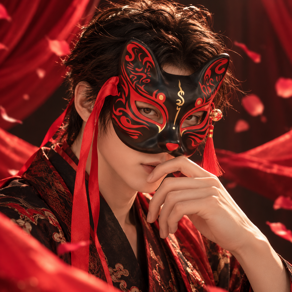 Masque kitsune noir et rouge porté avec rubans rouges et ornement latéral