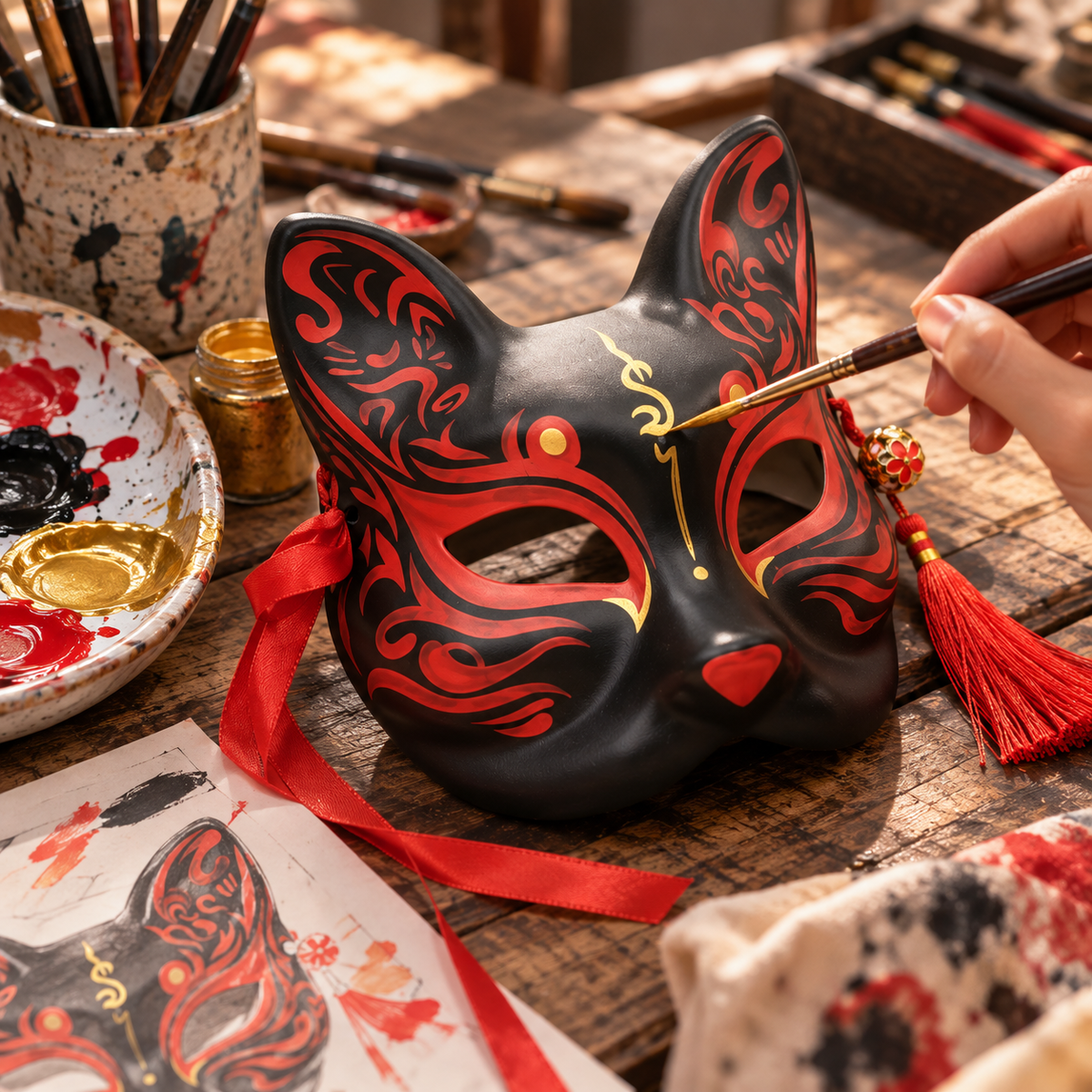 Masque kitsune noir et rouge dans une mise en scène avec pinceau et couleurs