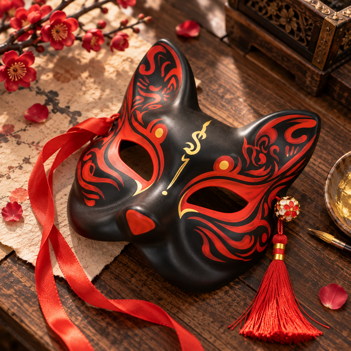 Vue de dessus du masque kitsune noir à motifs rouges avec rubans et pompon