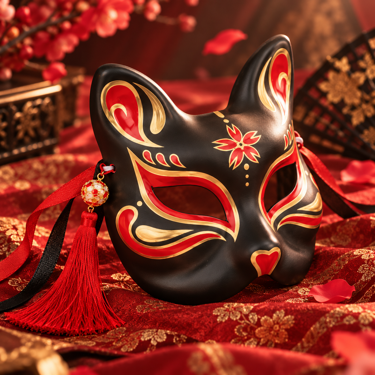 Vue de trois quarts du masque de renard noir, décor floral rouge et contours dorés