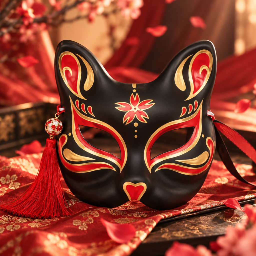 Masque de renard kitsune noir, rouge et doré vu de face avec pompon rouge