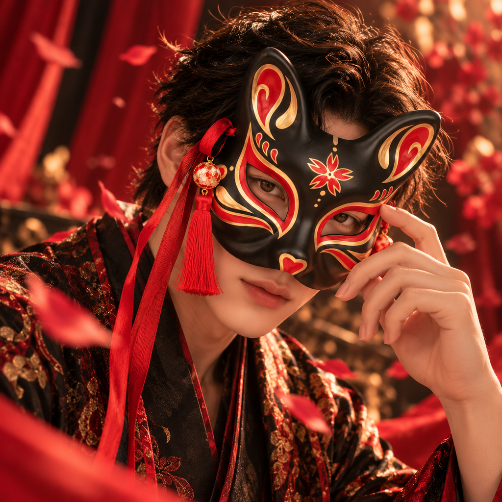Masque kitsune noir aux motifs rouges et dorés porté avec rubans et pompon rouges