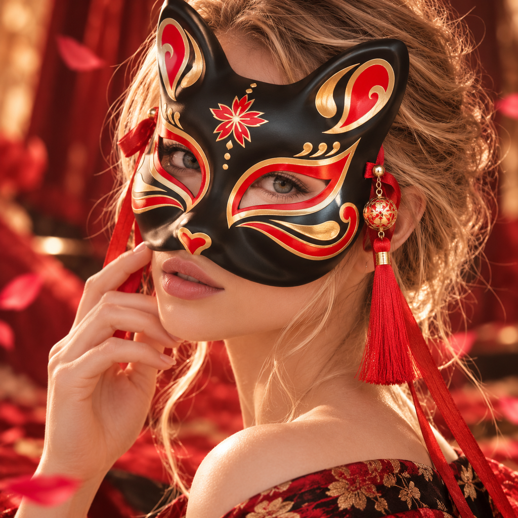 Vue portée du masque de renard kitsune noir, rouge et doré avec décoration latérale à pompon