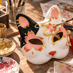 Masque kitsune à fleurs roses présenté dans une mise en scène avec pinceau et couleurs