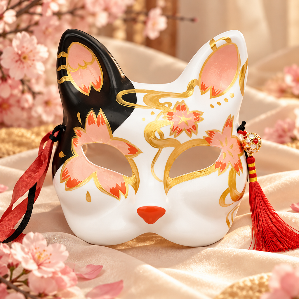 Masque kitsune blanc et noir à fleurs roses et détails dorés avec pompon rouge