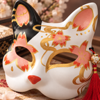 Détail des fleurs roses, arabesques dorées et pompon rouge du masque kitsune