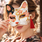 Masque de renard kitsune blanc et noir à motifs de fleurs roses porté